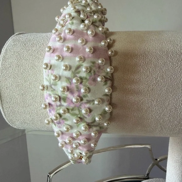 Lele Sadoughi Pink & Green Pearl-Studded Padded Headband - Picture 4 of 6